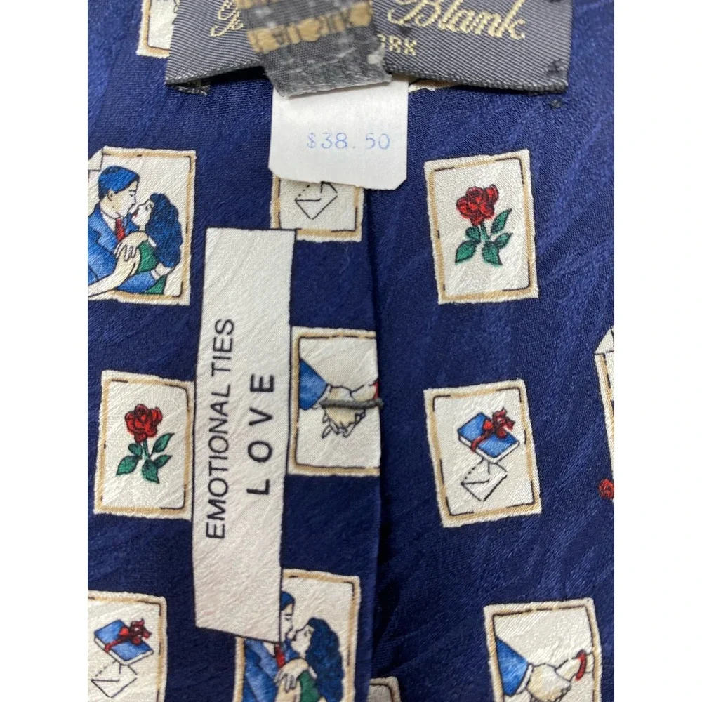 Barbara Blank Neck Tie Mens OS Blue Stamps Vintage 100% Silk Handmade Love Roses